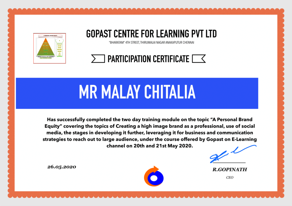 Certificate for “Personal Brand Equity” 14th Module E-learning-1